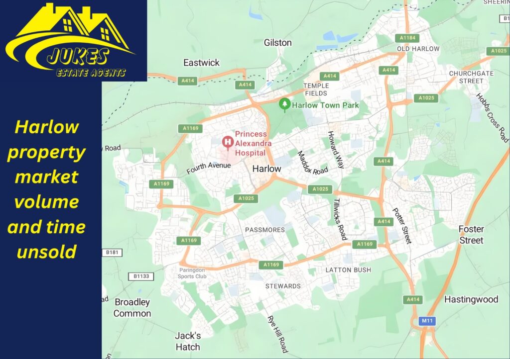 Harlow property market volume and time unsold May 2025